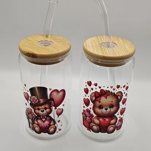 Glass Teddy Bear Heart Drink Jar with Bamboo Lid and Straw - Clear